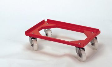 Kunststoff Untersetzwagen 600x400 mm mit offenem Deck mit 4 inox Laufrollen, rot