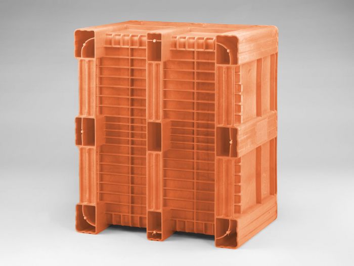 Kunststoff Palettenbox 630 L 1200x1000x760 m m auf 3 kufen, oranien, mit Mittelrim